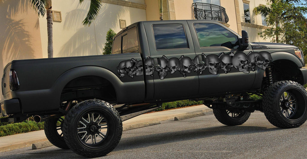 Full color Car side graphics Racing stripes, Tribal skulls vinyl, Car side tribal skulls graphic