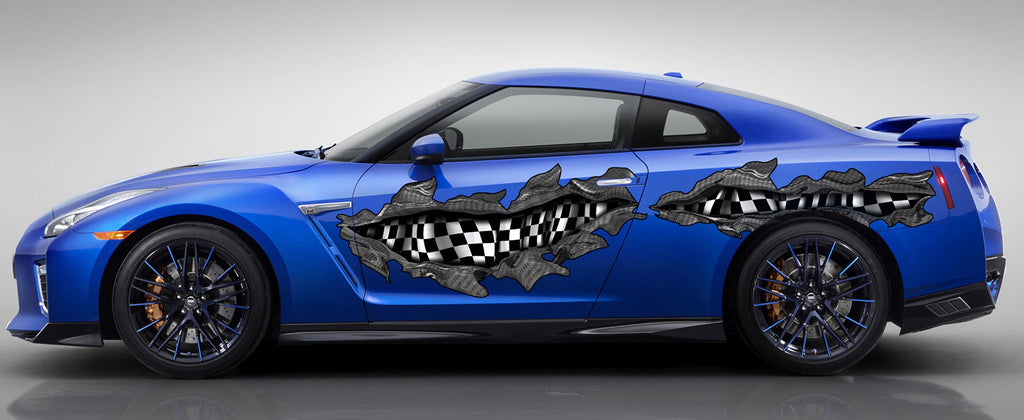 Ripped Metal Checkered Flag Street Racing Graphic, Car Vinyl Design Racing Flag Car Vinyl, Auto Wrap Tribal Checkered