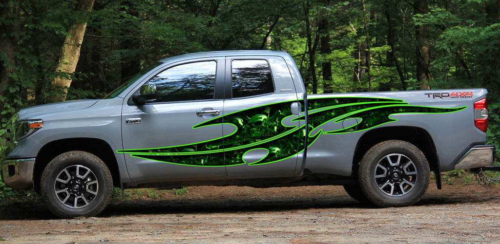 3D Skull graphic car wrap, Tribal Skulls street racing graphic, Full color tribal skulls car decal, Cool decals for cars, skull car sticker
