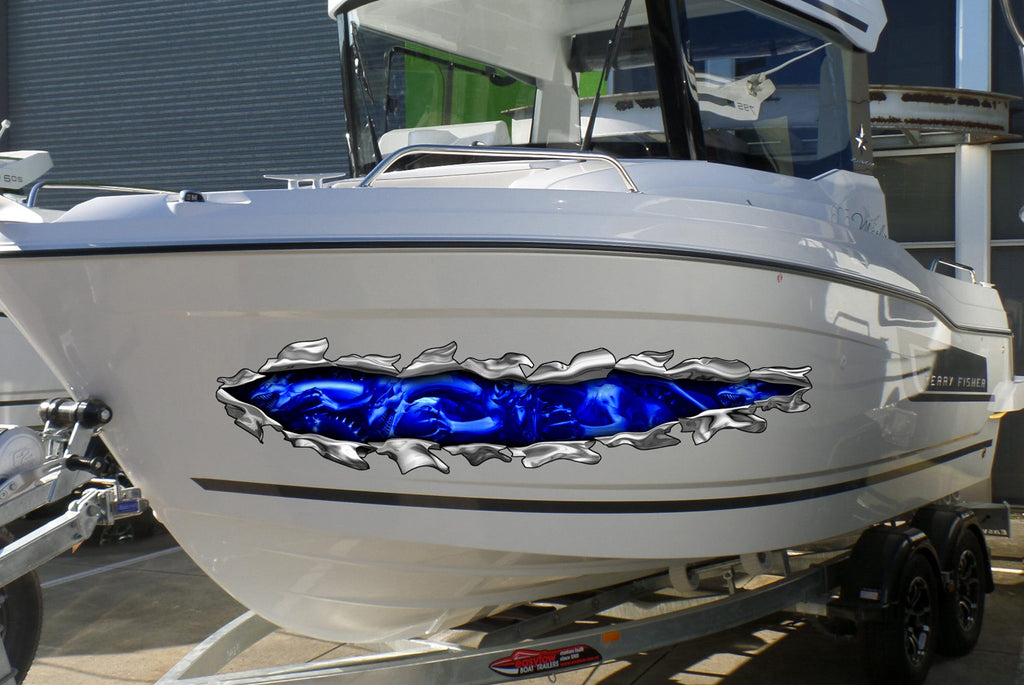 3D Dragons Tribal Ripped Metal Vinyl, Dragons Boat Wrap, Boat Decal, Tribal Flames Decals, Cigar Boat Wrap, Ranger Boat Decals and Stickers