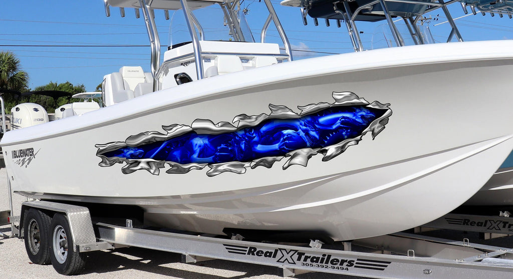 3D Dragons Tribal Ripped Metal Vinyl, Dragons Boat Wrap, Boat Decal, Tribal Flames Decals, Cigar Boat Wrap, Ranger Boat Decals and Stickers