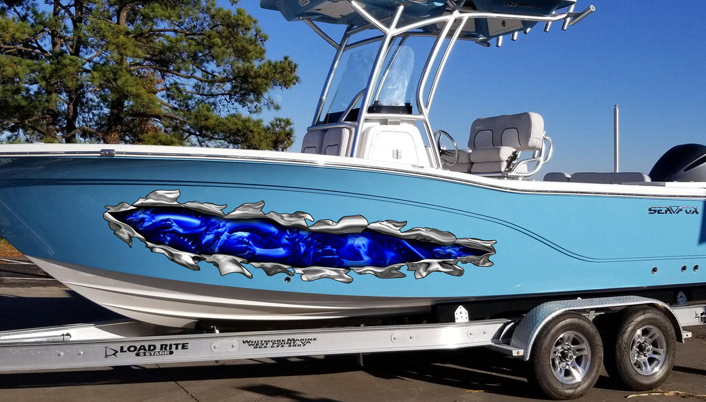 3D Dragons Tribal Ripped Metal Vinyl, Dragons Boat Wrap, Boat Decal, Tribal Flames Decals, Cigar Boat Wrap, Ranger Boat Decals and Stickers