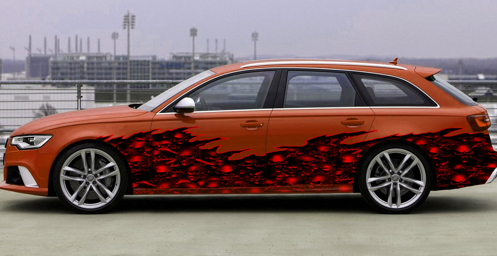 Car wrap for Sport Cars, Tribal skull racing stripes, 3D street racing graphic decal, Full color tribal unique stickers