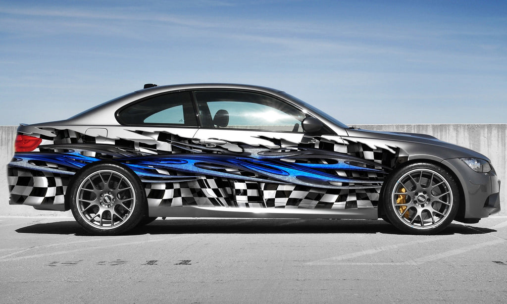 3D Racing Flag Car Decal – Tribal Checkered Flag Vinyl Wrap – Racing Stripes Sticker for Cars, Trucks, SUVs – Custom Sizes