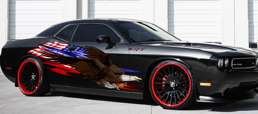 Ripped Metal US Eagle Full Color Car Vinyl Design, Checkered Flag Side Graphics American Pride Wrap, Tribal US Flag Wrap