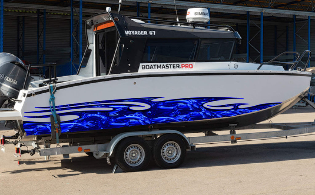 Tribal Dragon graphic, Dragons Ripped Metal Watercraft Vinyl, Dragons Cigar Boat Side Graphics, Full Color Yacht Graphics