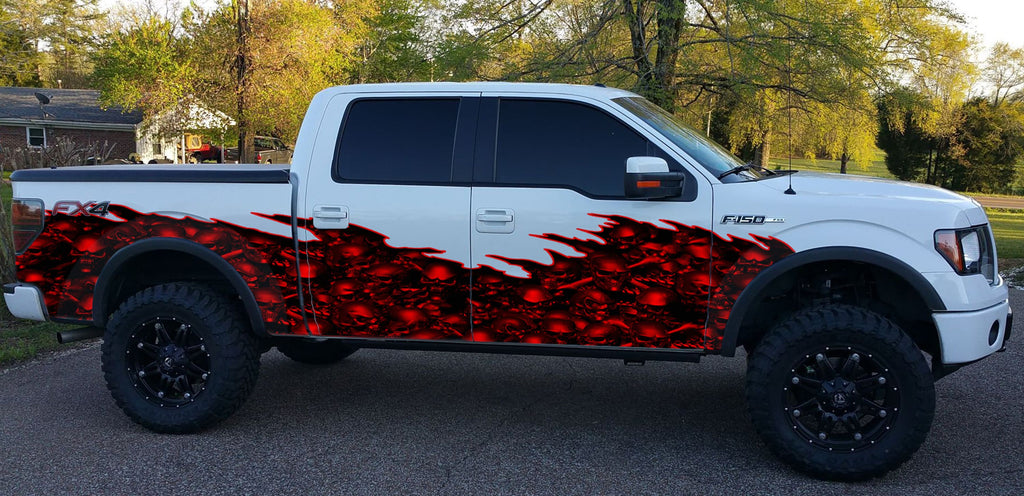 Scull Ripped Metal Car Vinyl Sticker, Scull Car Vinyl Side Graphics, Full Color Car Side Graphics, Tribal skulls racing stripes Decal