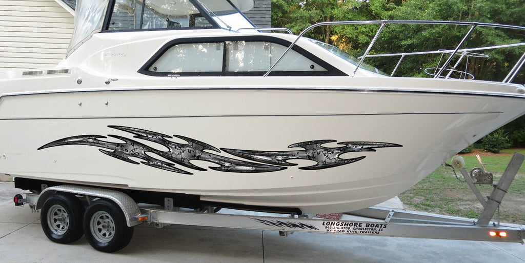 Sword Ripped Metal Watercraft Vinyl Design, Tribal Cigar Boat Side Graphics Decal, Full Color Yacht Graphics, Speed boat Vinyl Sticker