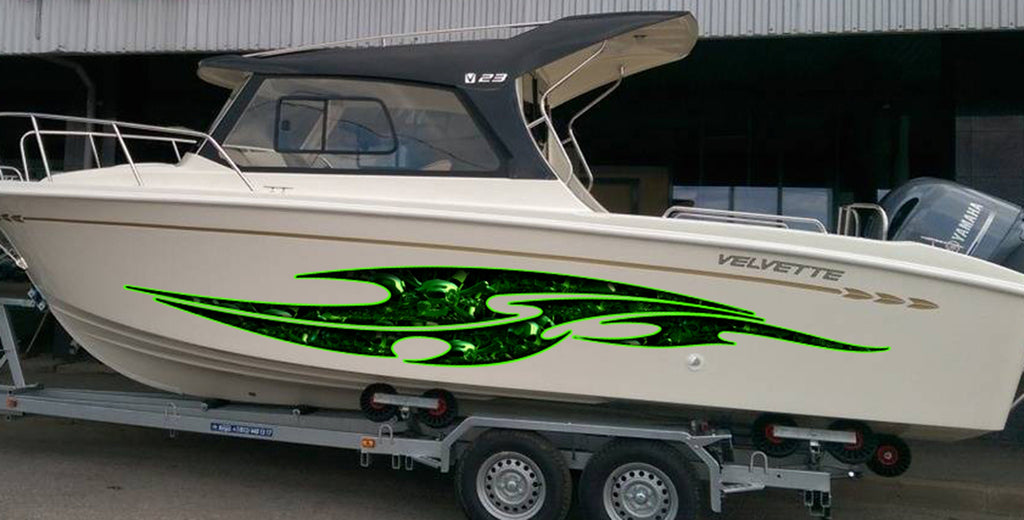 Tribal skulls yacht graphics, Skull Cigar Boat Side Graphics, 3D Skull Ripped Metal Watercraft Vinyl, Full Color Yacht Graphics,