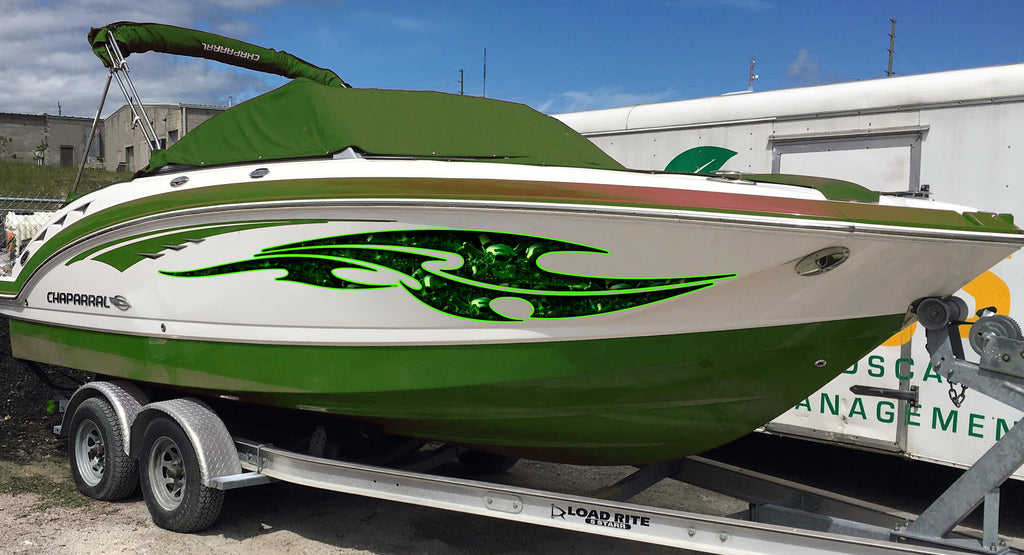 Tribal skulls yacht graphics, Skull Cigar Boat Side Graphics, 3D Skull Ripped Metal Watercraft Vinyl, Full Color Yacht Graphics,