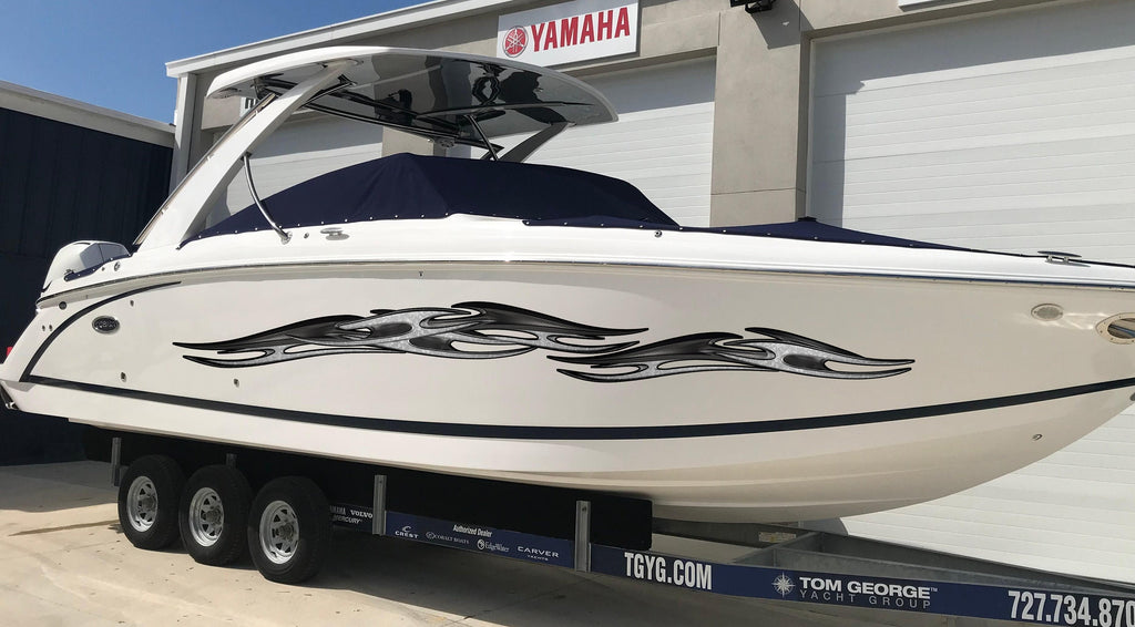 Full Color Yacht Graphics, Tribal Ripped Metal Cigar Boat Decal, Watercraft Vinyl Sticker, Tribal Cigar Boat Side Graphics