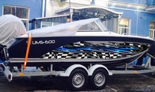 Load image into Gallery viewer, Yacht Vinyl Sticker Design, 3D Checkered flag Boat Graphics Ripped Metal Full Color Speed Boat Vinyl Design, Racing flag Cigar Boat Wrap