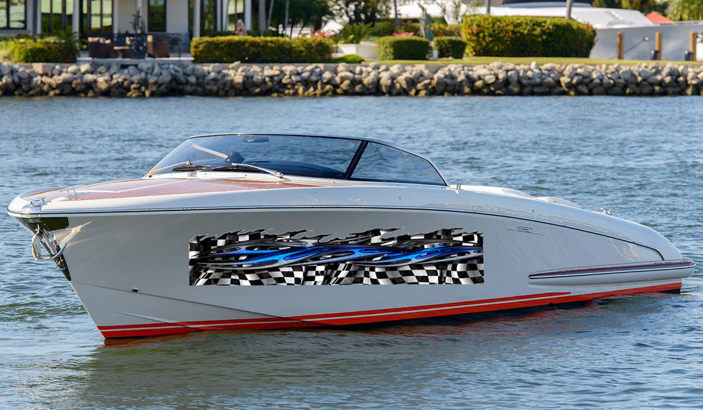 3D Checkered flag Boat Side Graphics, Racing flag Ripped Metal Watercraft Vinyl, Full Color Yacht Graphics, Tribal Flag boat decal