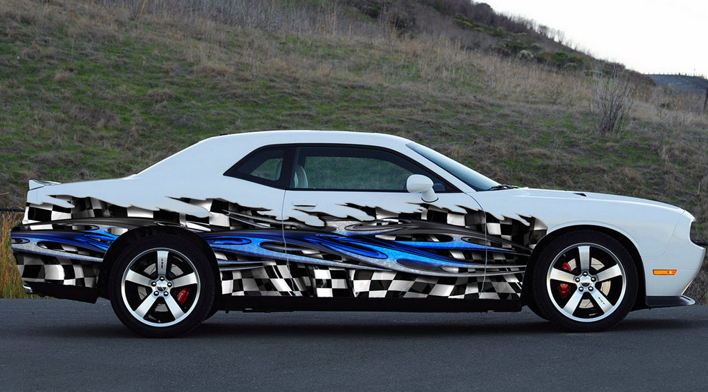 Racing flag car side wrap, Checkered flag street racing car vinyl graphics, Racing flag car side vinyl decal, Checkered flag car side design
