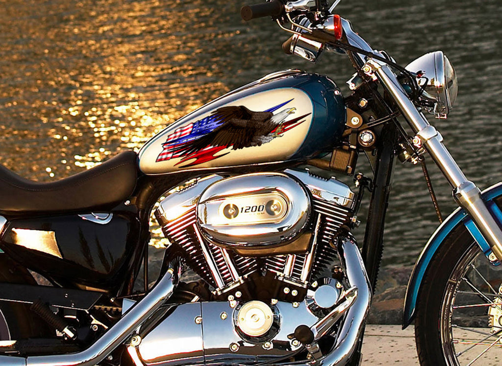 USA Flag Chopper Vinyl, US Bald Eagle Full Color Crotch Rocket Graphics, US Flag Bike Graphics, Patriotic Motorcycle Sticker