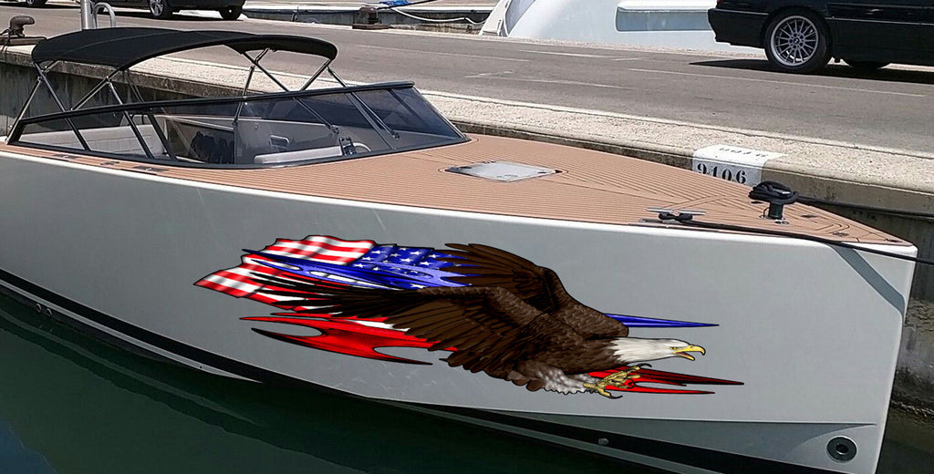 US Bald Eagle Full Color Yacht Graphics, USA Flag Ripped Metal Watercraft Vinyl, American pride Cigar Boat Side Graphics, Patriotic Sticker