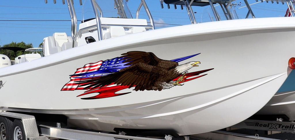 US eagle Cigar Boat Wrap Yacht Vinyl, Watercraft Sticker Design, 3D US Flag Boat Graphics Ripped Metal Full Color Speed Boat Vinyl Design