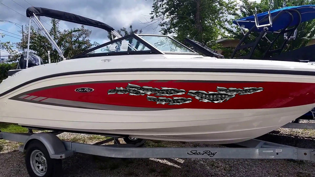 3D Scull Ripped Metal Watercraft Vinyl, big Flag Cigar Boat Side Graphics, Full Color Yacht Graphics, Tribal skulls boat decal