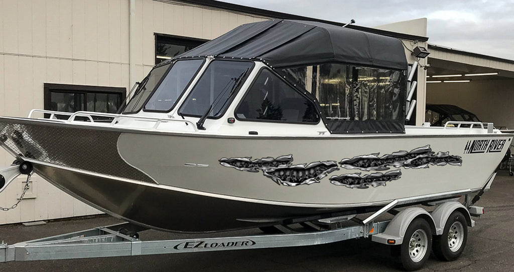 3D Flag Boat Graphics Ripped Metal Full Color Speed Boat Vinyl Design, Scull Cigar Boat Wrap, Yacht Vinyl, Watercraft Sticker Design