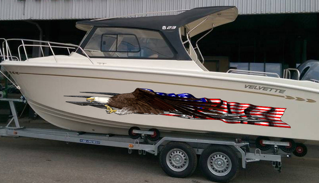 US Flag Ripped Metal Watercraft Vinyl, USA Flag Cigar Boat Side Graphics, US eagle Full Color Yacht Graphics