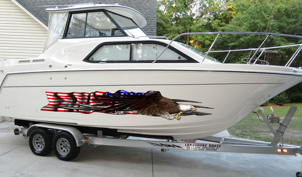 US Flag Ripped Metal Watercraft Vinyl, USA Flag Cigar Boat Side Graphics, US eagle Full Color Yacht Graphics