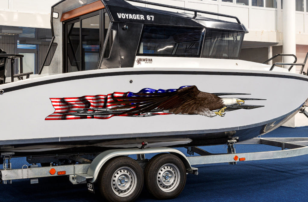 3D US Flag Boat Graphics Ripped Metal Full Color Speed Boat Vinyl Design, US eagle Cigar Boat Wrap, Yacht Vinyl, Watercraft Sticker Design