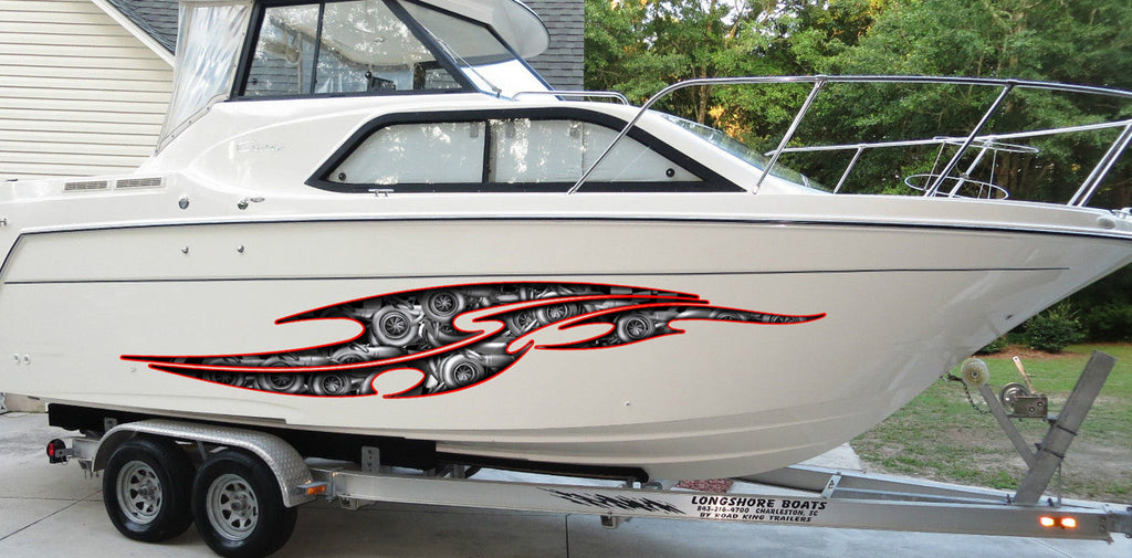3D Turbines Boat Graphics Ripped Metal Full Color Speed Boat Vinyl Design, Tribal tattoo Cigar Boat Wrap, Yacht Vinyl Sticker Design