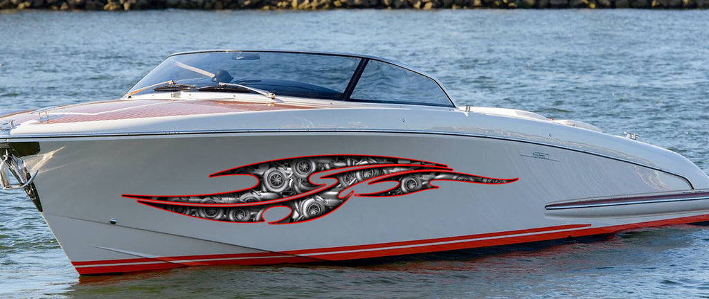3D Turbines Boat Graphics Ripped Metal Full Color Speed Boat Vinyl Design, Tribal tattoo Cigar Boat Wrap, Yacht Vinyl Sticker Design