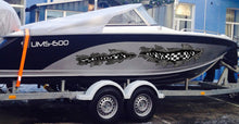 Load image into Gallery viewer, Racing flag Ripped Metal Watercraft Vinyl, Checkered flag Boat Side Graphics, Full Color Yacht Graphics, Tribal Flag boat decal