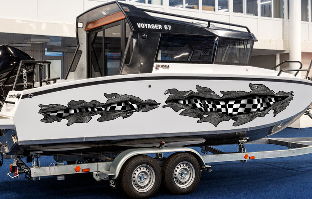 3D Checkered flag Boat Graphics Ripped Metal Full Color Speed Boat Vinyl Design, Racing flag Cigar Boat Wrap, Yacht Vinyl Sticker Design