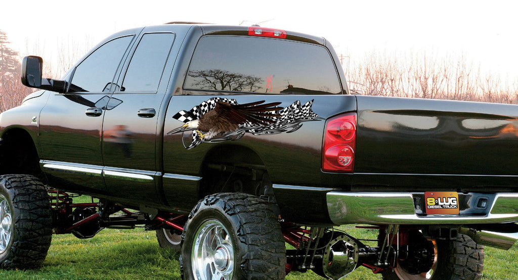3D Racing flag Car Vinyl Decal, US eagle Car Side Graphics, American pride Car Vinyl Side Wrap, Checkered flag Car Vinyl Side Sticker
