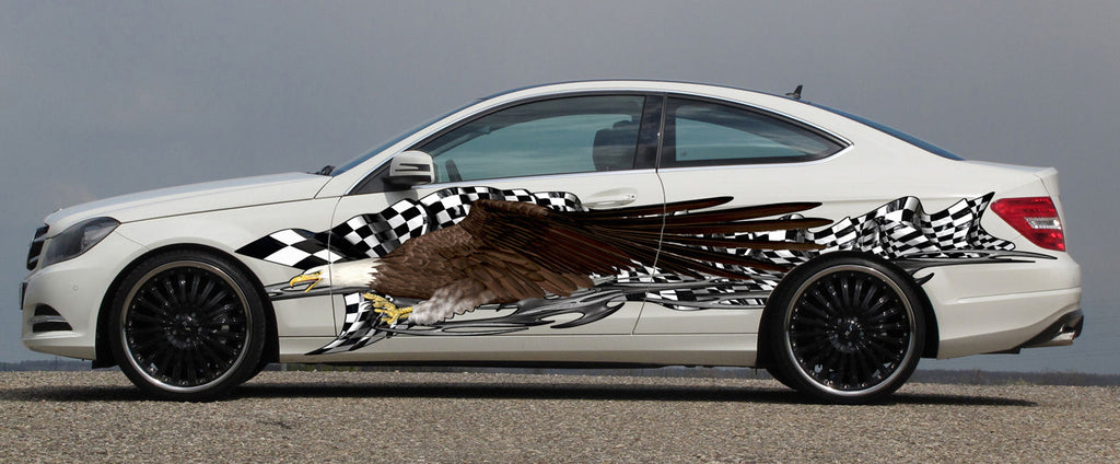 Bold eagle car wrap, Checkered flag car vinyl sticker, Racing flag car vinyl graphics, US eagle car side decal, American pride car wrap