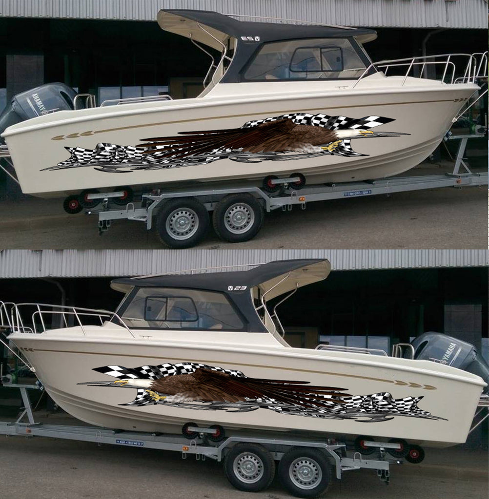 3D Racing flag Boat Graphics Ripped Metal Full Color Speed Boat Vinyl Design, Checkered flag Cigar Boat Wrap, Yacht Vinyl