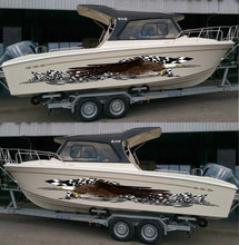 Load image into Gallery viewer, Checkered flag Ripped Metal Watercraft Vinyl, US eagle Cigar Boat Side Graphics, American pride Full Color Yacht Graphics