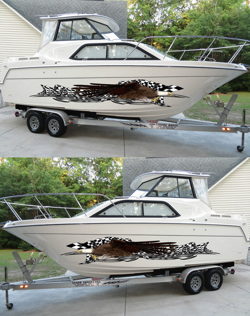 Checkered flag Ripped Metal Watercraft Vinyl, US eagle Cigar Boat Side Graphics, American pride Full Color Yacht Graphics