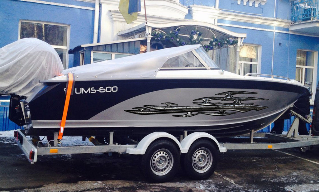 Tribal Ripped Metal Watercraft Vinyl, Tribal Cigar Boat Side Graphics, Full Color Yacht Graphics