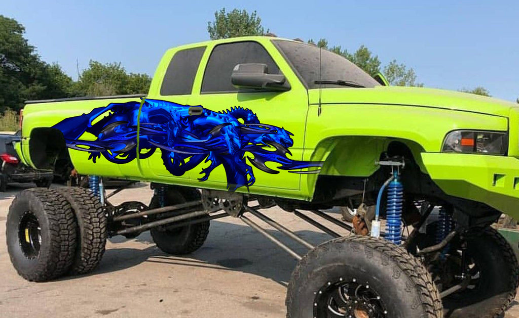 Dragons Ripped Metal Car Vinyl Graphics, 3D Dragons Full Color Car Side Graphics Sticker, Lizard Vinyl Side Wrap, Tribal Car Side Design
