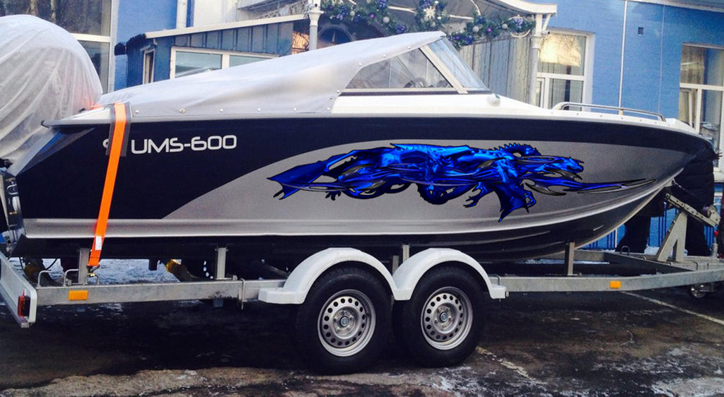 Dragons Ripped Metal Watercraft Vinyl, Dragons Cigar Boat Side Graphics, Full Color Yacht Graphics