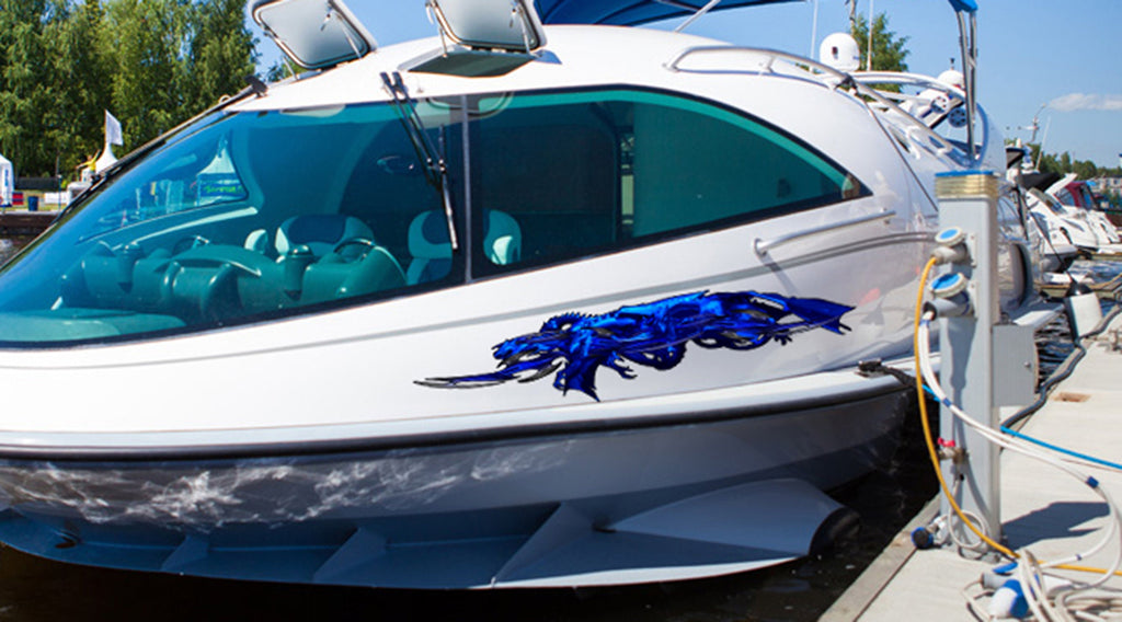 Dragons Ripped Metal Watercraft Vinyl, Dragons Cigar Boat Side Graphics, Full Color Yacht Graphics