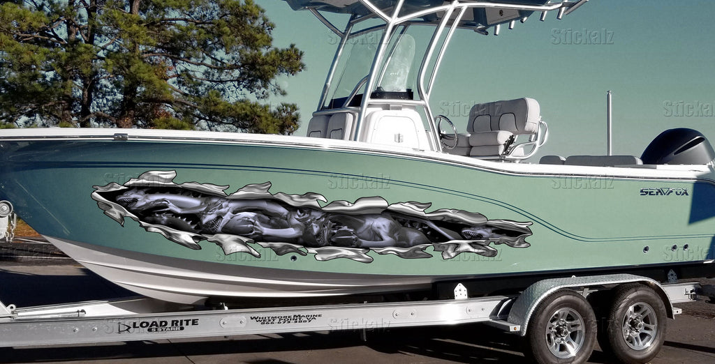 3D Dragons Boat Graphics Ripped Metal Full Color Speed Boat Vinyl Design, Dragons Cigar Boat Wrap, Yacht Vinyl, Watercraft Sticker Design