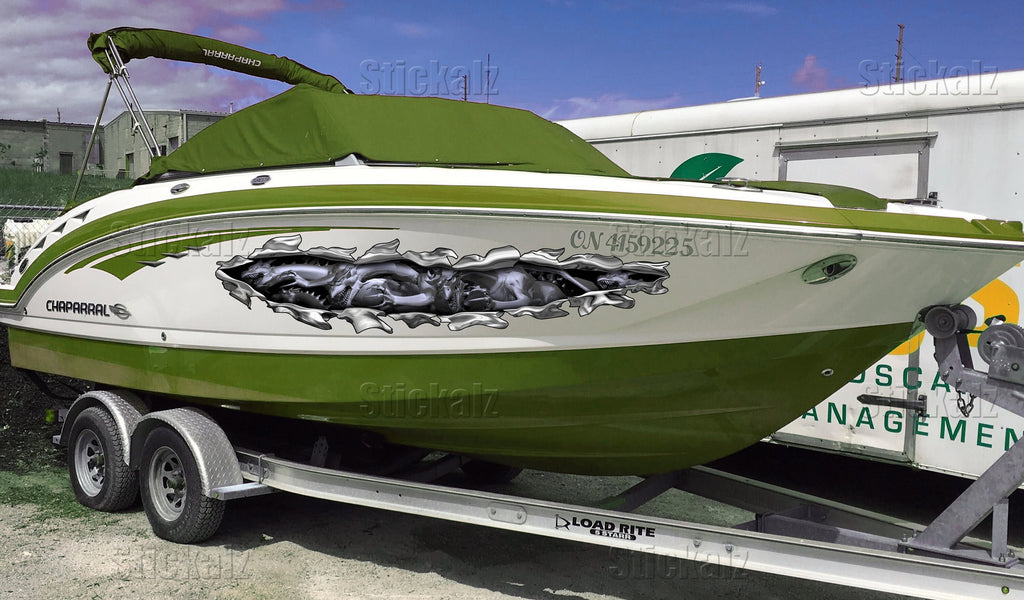 Dragons Ripped Metal Watercraft Vinyl, Dragons Cigar Boat Side Graphics, Full Color Yacht Graphics