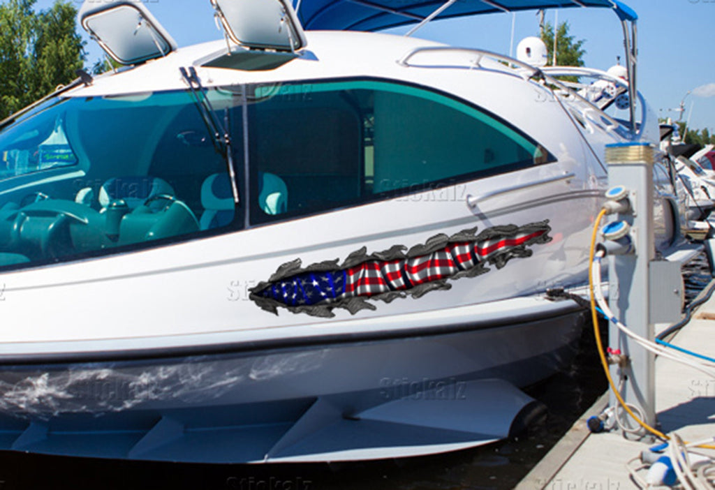 3D Watercraft Graphic USA flag Boat Wrap Ripped Metal Full Color Speed Boat Vinyl Design US flag Yacht Wrap Sticker,boat decals,