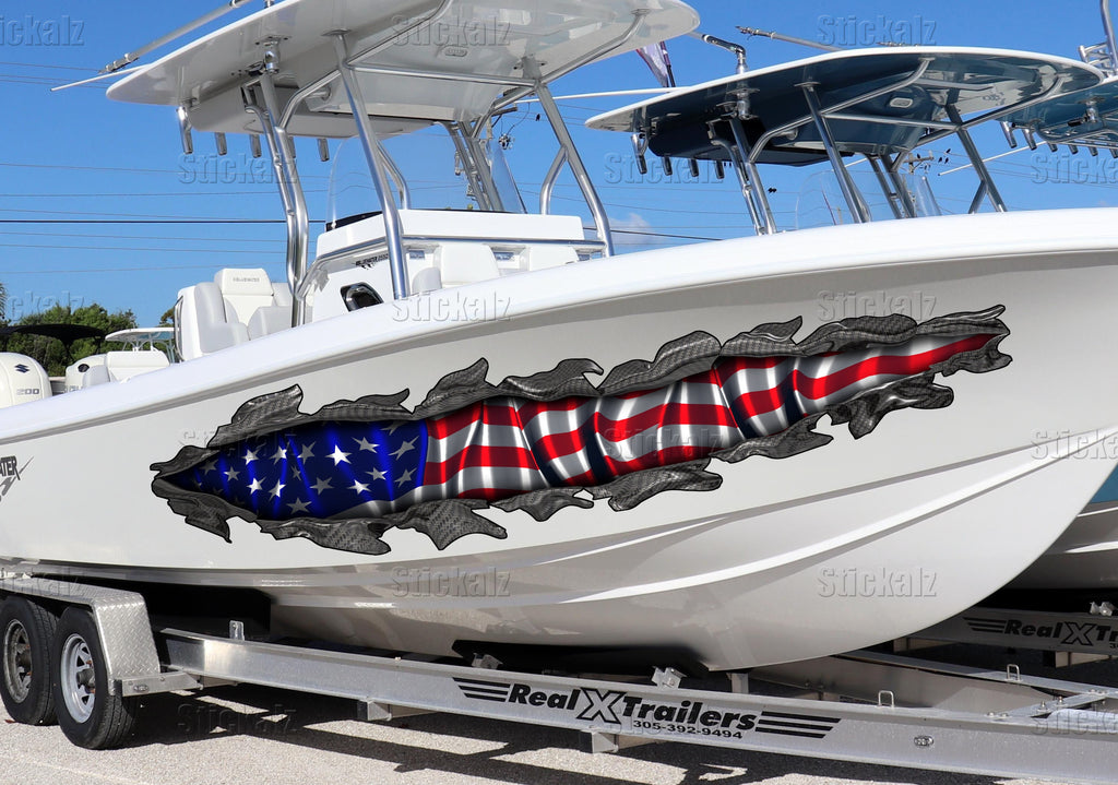 3D Watercraft Graphic USA flag Boat Wrap Ripped Metal Full Color Speed Boat Vinyl Design US flag Yacht Wrap Sticker,boat decals,