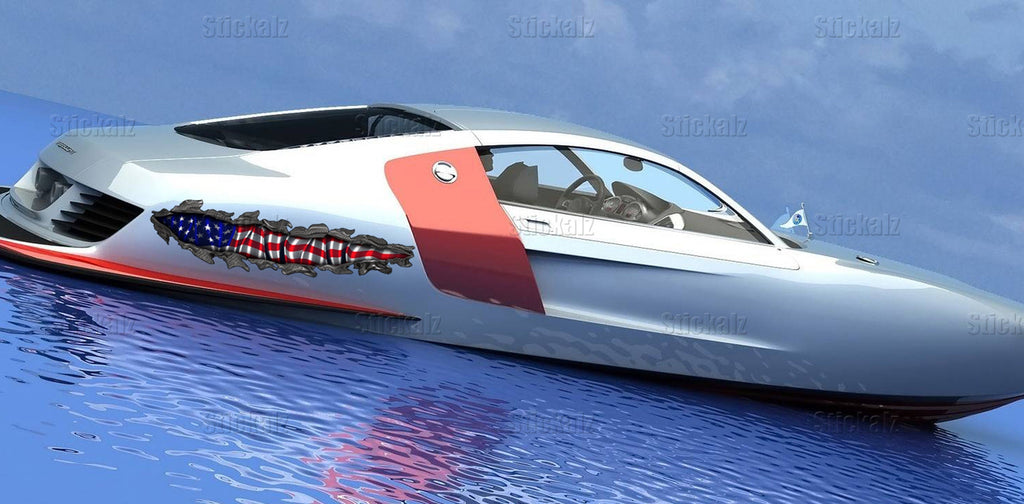 3D Watercraft Graphic USA flag Boat Wrap Ripped Metal Full Color Speed Boat Vinyl Design US flag Yacht Wrap Sticker,boat decals,