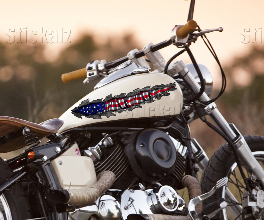 US Flag Ripped Metal Motorcycle decals Wrap, Racing Bike Vinyl, US Pride Sport Bike decor,