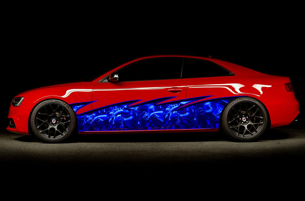 3D Racing Flag Car wrap, Car Vinyl Full Color Tribal Dragons, Checkered Flag Decal, Dragon Car Side Graphics Sticker, Car wrap Side