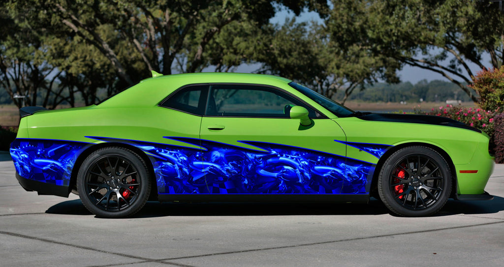 3D Racing Flag Car wrap, Car Vinyl Full Color Tribal Dragons, Checkered Flag Decal, Dragon Car Side Graphics Sticker, Car wrap Side