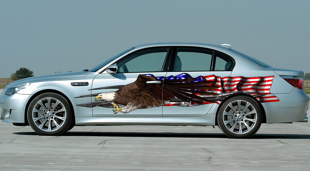 Ripped Metal US eagle Full Color Car Vinyl Design, Checkered flag graphics, American pride Wrap, Tribal US Flag Wrap