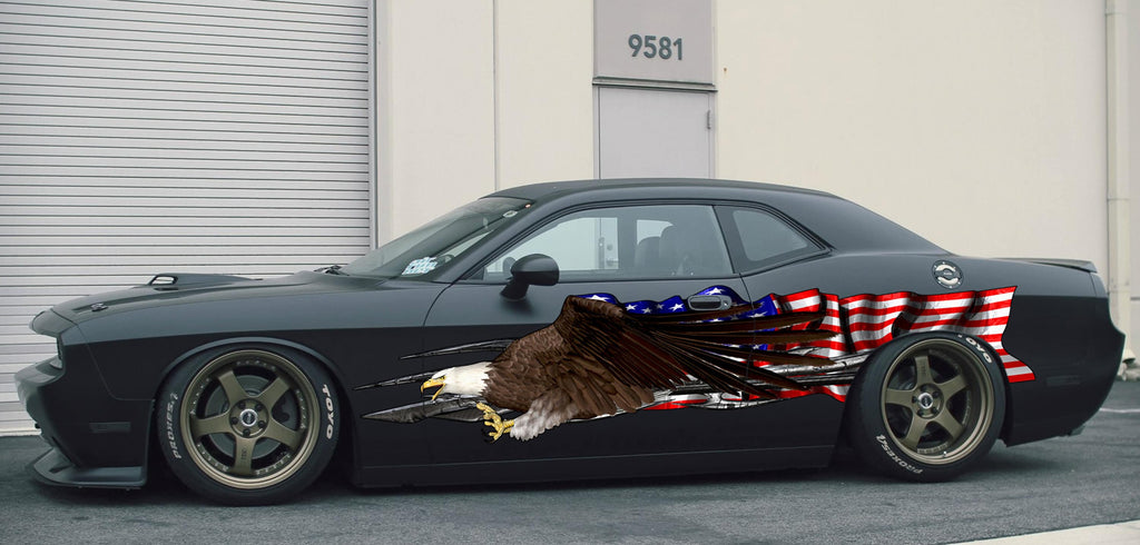 Ripped Metal US eagle Full Color Car Vinyl Design, Checkered flag graphics, American pride Wrap, Tribal US Flag Wrap