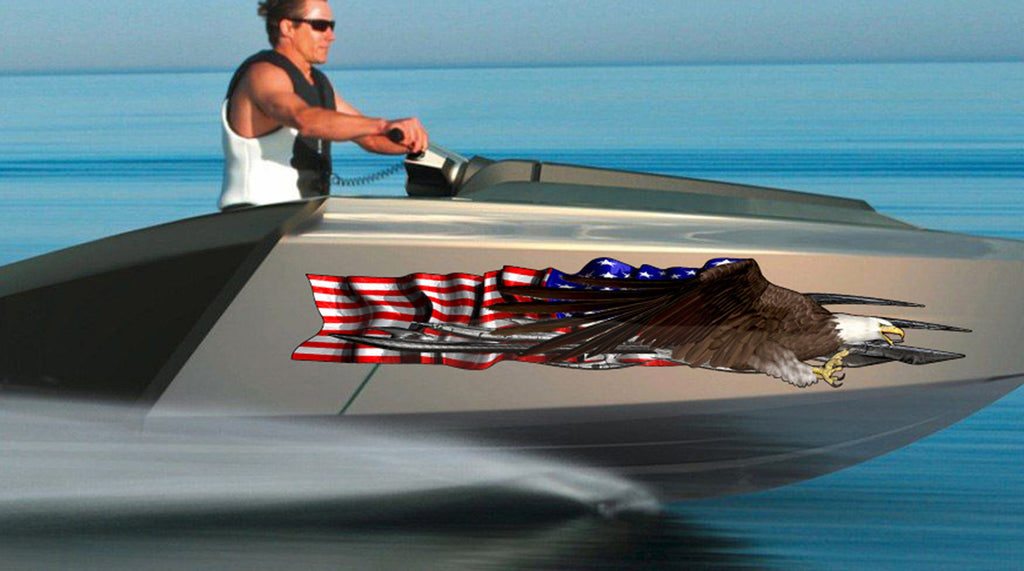 USA Flag Boat Wrap – 3D Ripped Metal Bald Eagle Vinyl Decal – Patriotic Marine Graphics – Boat, Truck, Trailer Full Color Vinyl Sticker